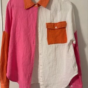 Colorblock Pink and Orange Button-Up Shirt